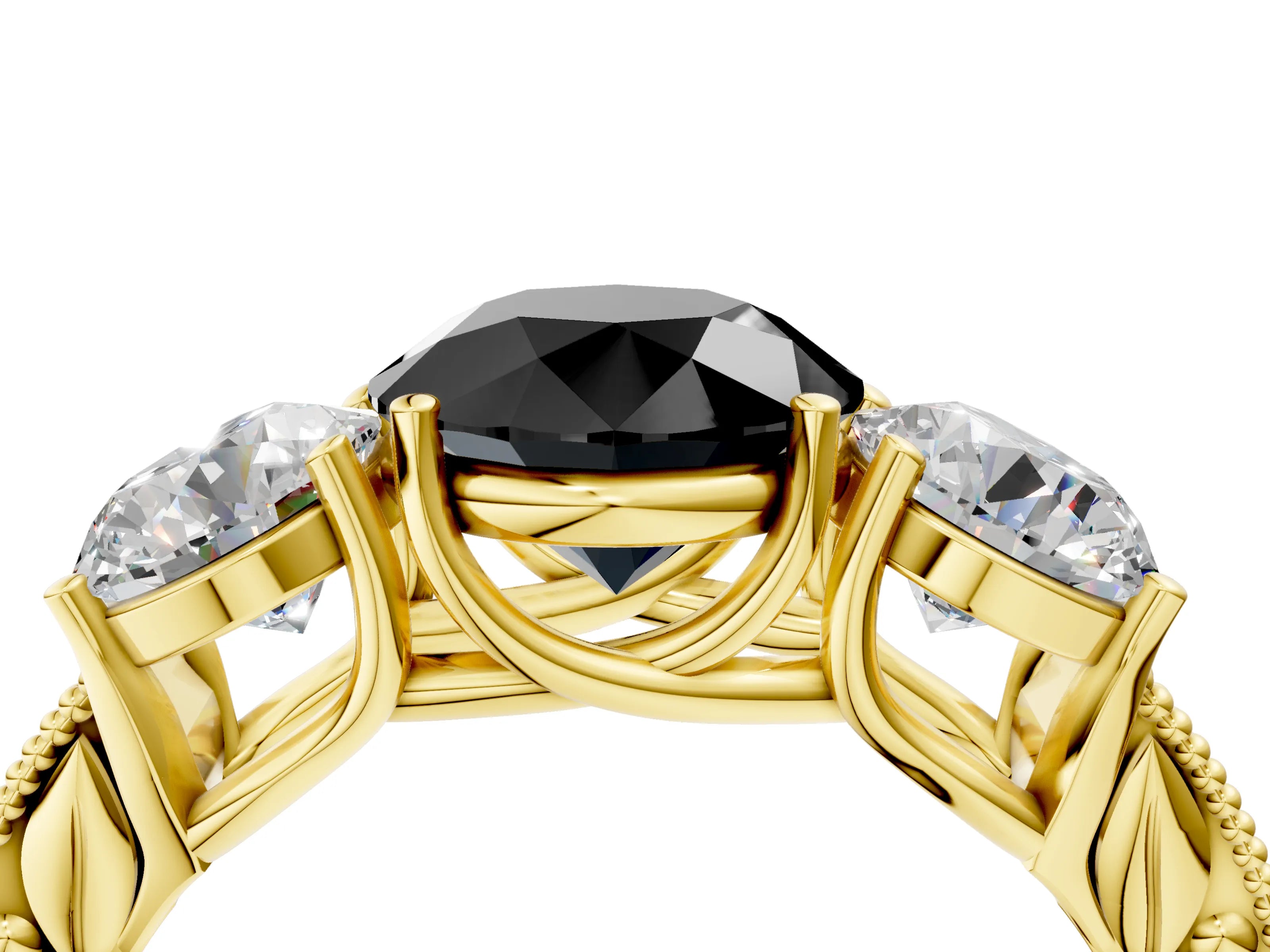 Yellow gold Three-Stone Fancy Black Round Cut Cut Milgrain Pavé Engagement Ring_4