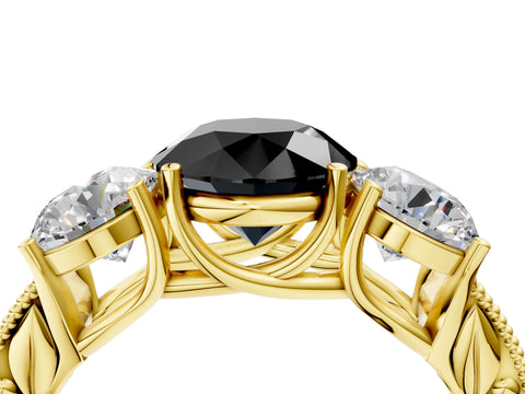Yellow gold Three-Stone Fancy Black Round Cut Cut Milgrain Pavé Engagement Ring_4