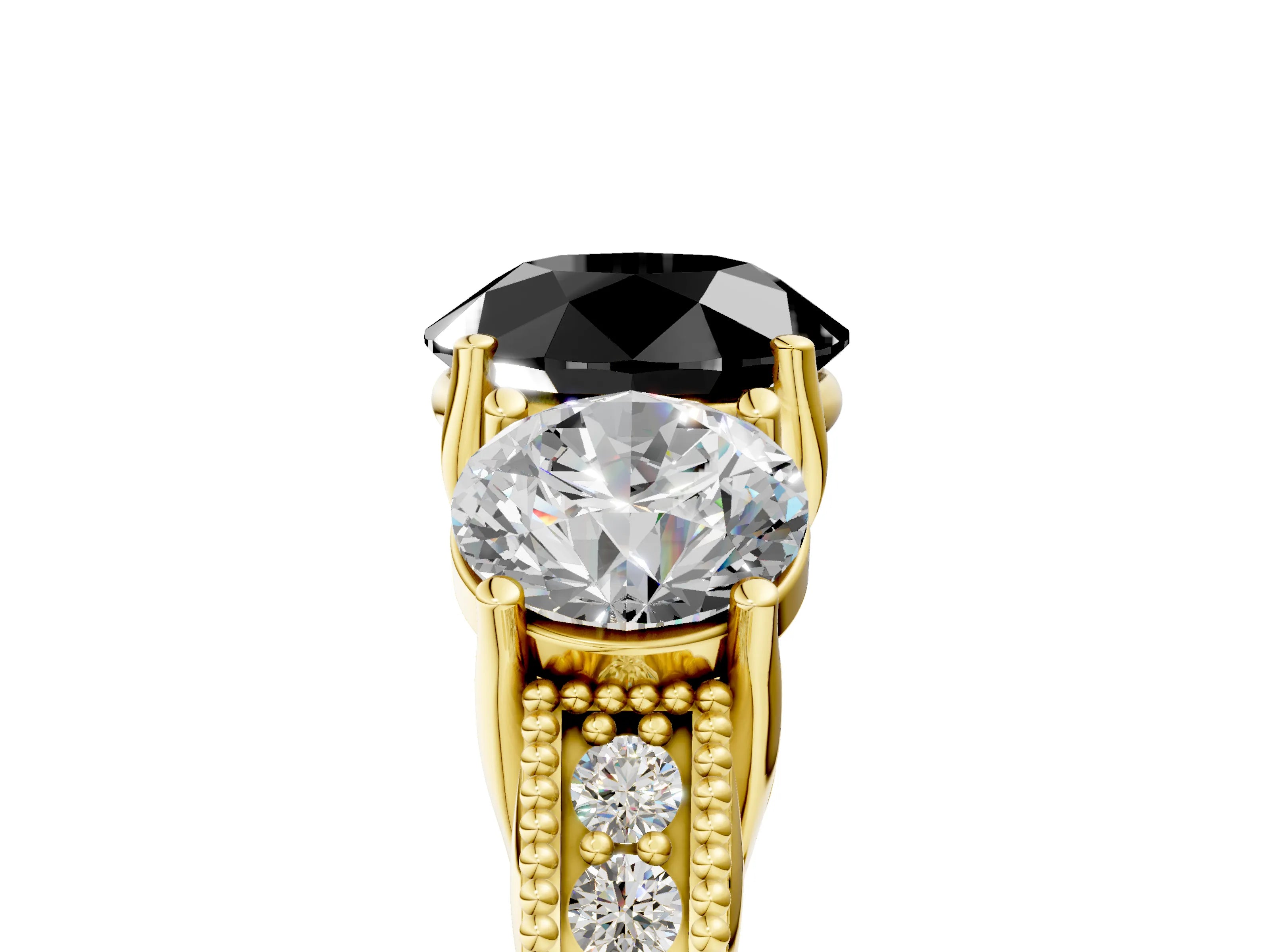 Yellow gold Three-Stone Fancy Black Round Cut Cut Milgrain Pavé Engagement Ring_5