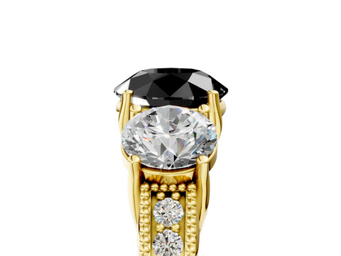 Yellow gold Three-Stone Fancy Black Round Cut Cut Milgrain Pavé Engagement Ring_5