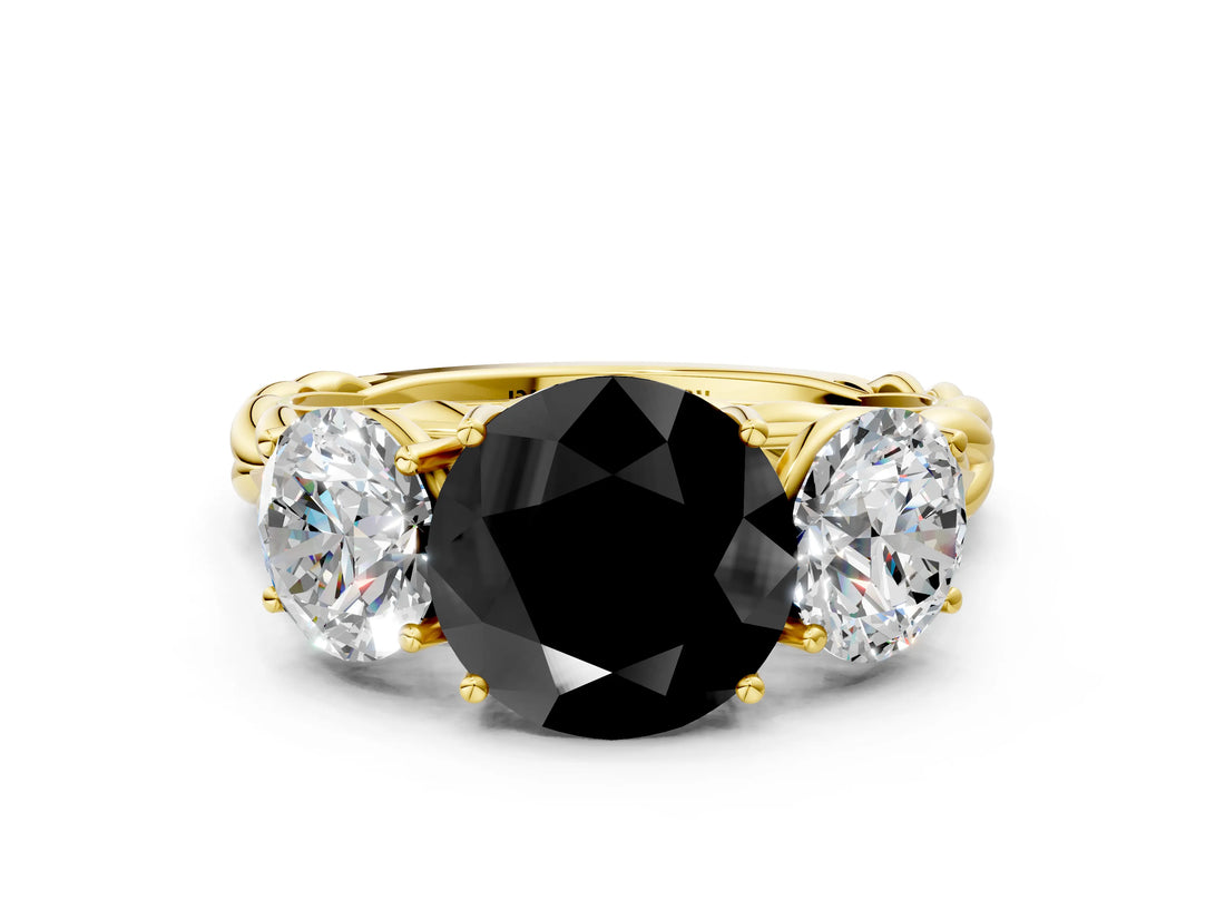 Yellow gold Three-Stone Fancy Black Round Cut Diamond Braided Band Ring with Four-Prong Setting_12