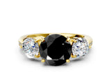 Yellow gold Three-Stone Fancy Black Round Cut Diamond Channel Set Engagement Ring with Prong Setting