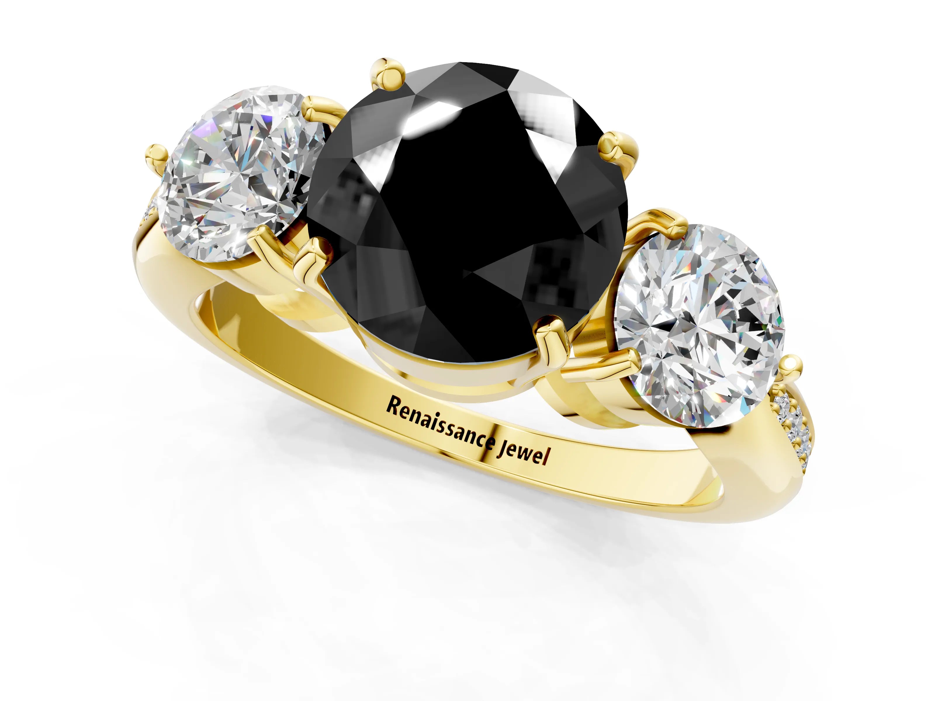 Yellow gold Three-Stone Fancy Black Round Cut Diamond Channel Set Engagement Ring with Prong Setting_1