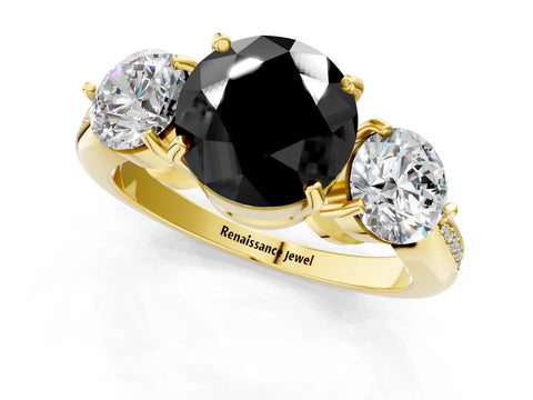 Yellow gold Three-Stone Fancy Black Round Cut Diamond Channel Set Engagement Ring with Prong Setting_13