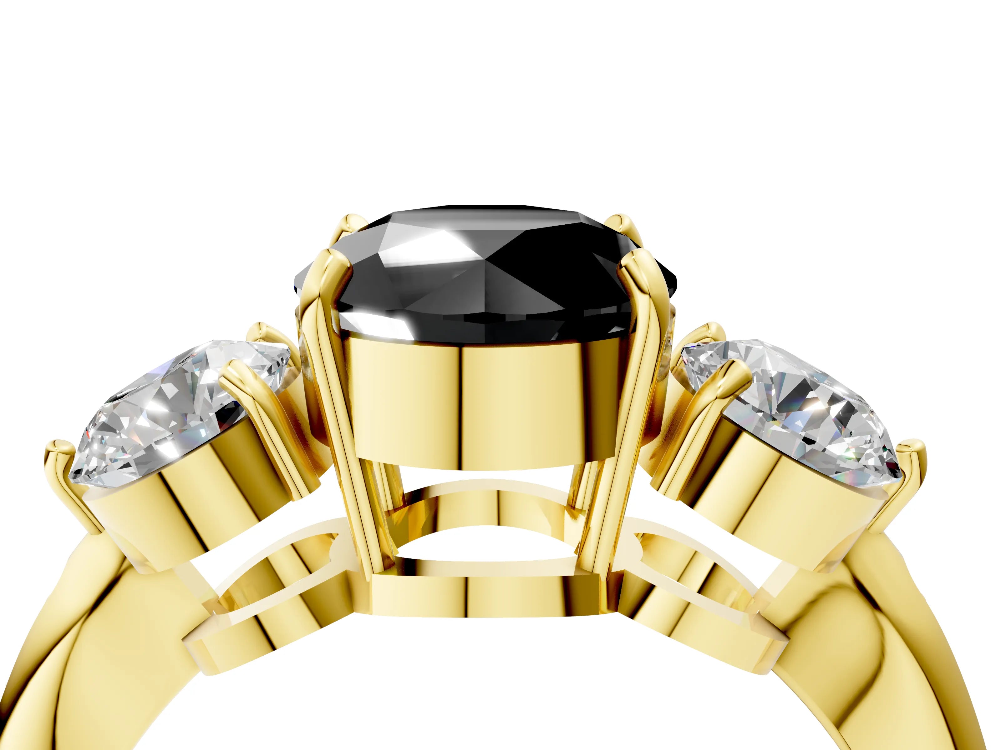 Yellow gold Three-Stone Fancy Black Round Cut Diamond Channel Set Engagement Ring with Prong Setting_16