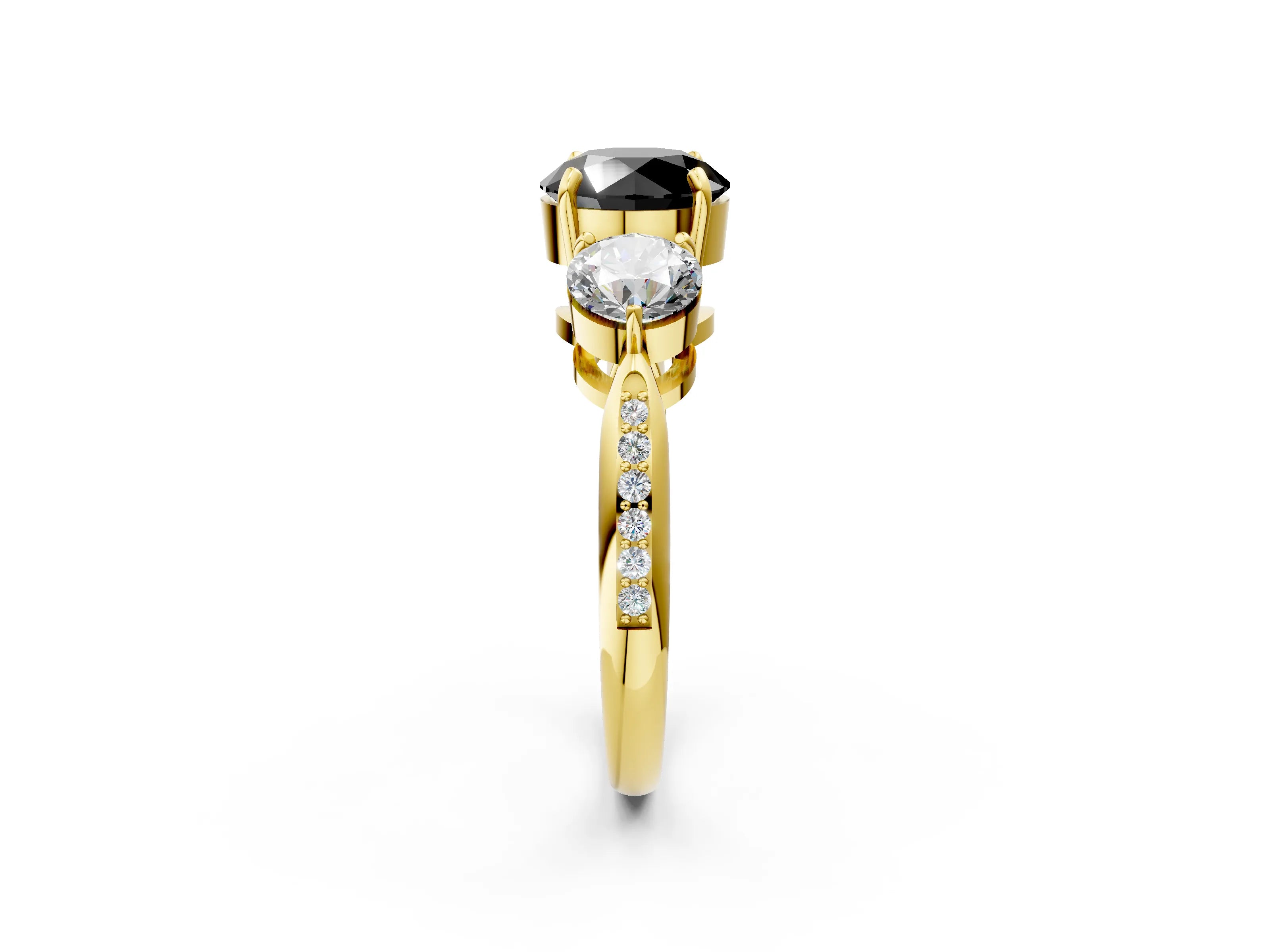 Yellow gold Three-Stone Fancy Black Round Cut Diamond Channel Set Engagement Ring with Prong Setting_2