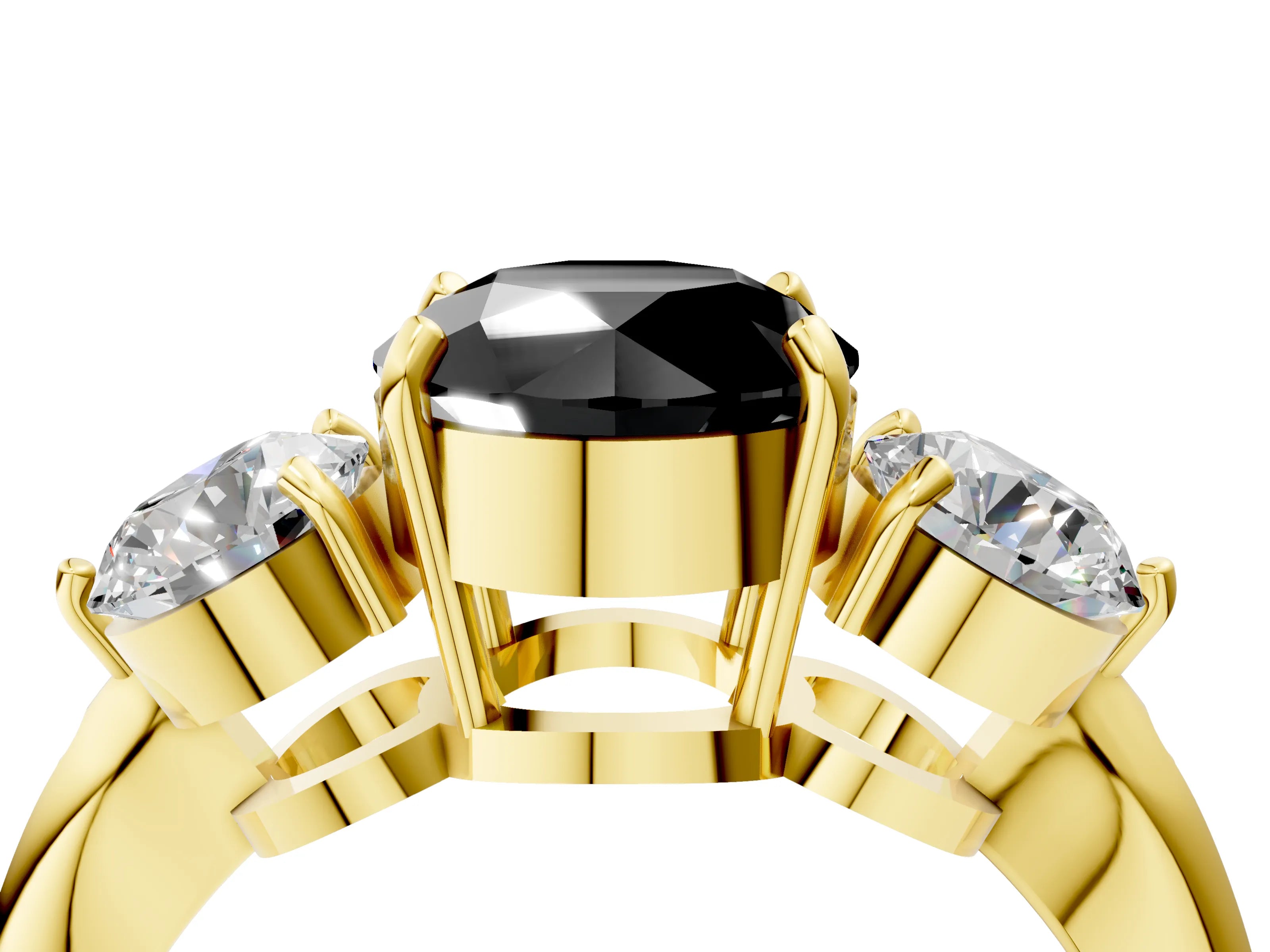 Yellow gold Three-Stone Fancy Black Round Cut Diamond Channel Set Engagement Ring with Prong Setting_4