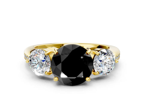 Yellow gold Three-Stone Fancy Black Round Cut Diamond Channel Set Engagement Ring with Prong Setting