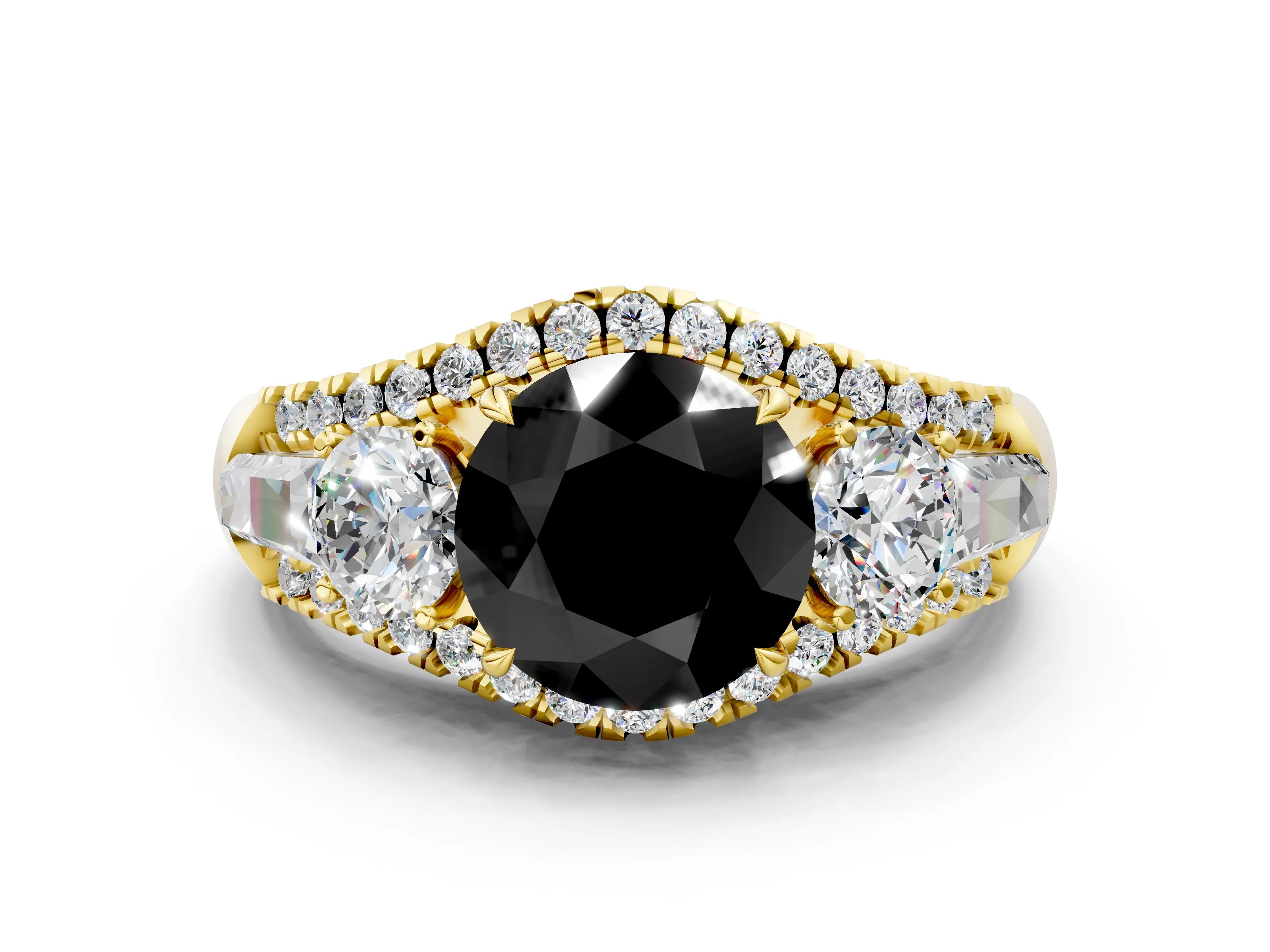 Yellow gold Three-Stone Fancy Black Round Cut Diamond Engagement Ring with Pave Band and Prong Setting
