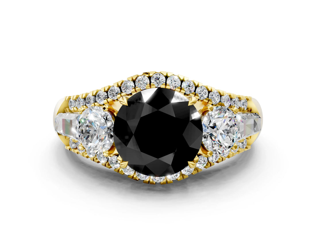 Yellow gold Three-Stone Fancy Black Round Cut Diamond Engagement Ring with Pave Band and Prong Setting