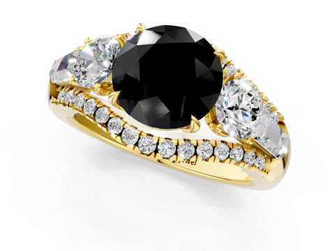 Yellow gold Three-Stone Fancy Black Round Cut Diamond Engagement Ring with Pave Band and Prong Setting_1