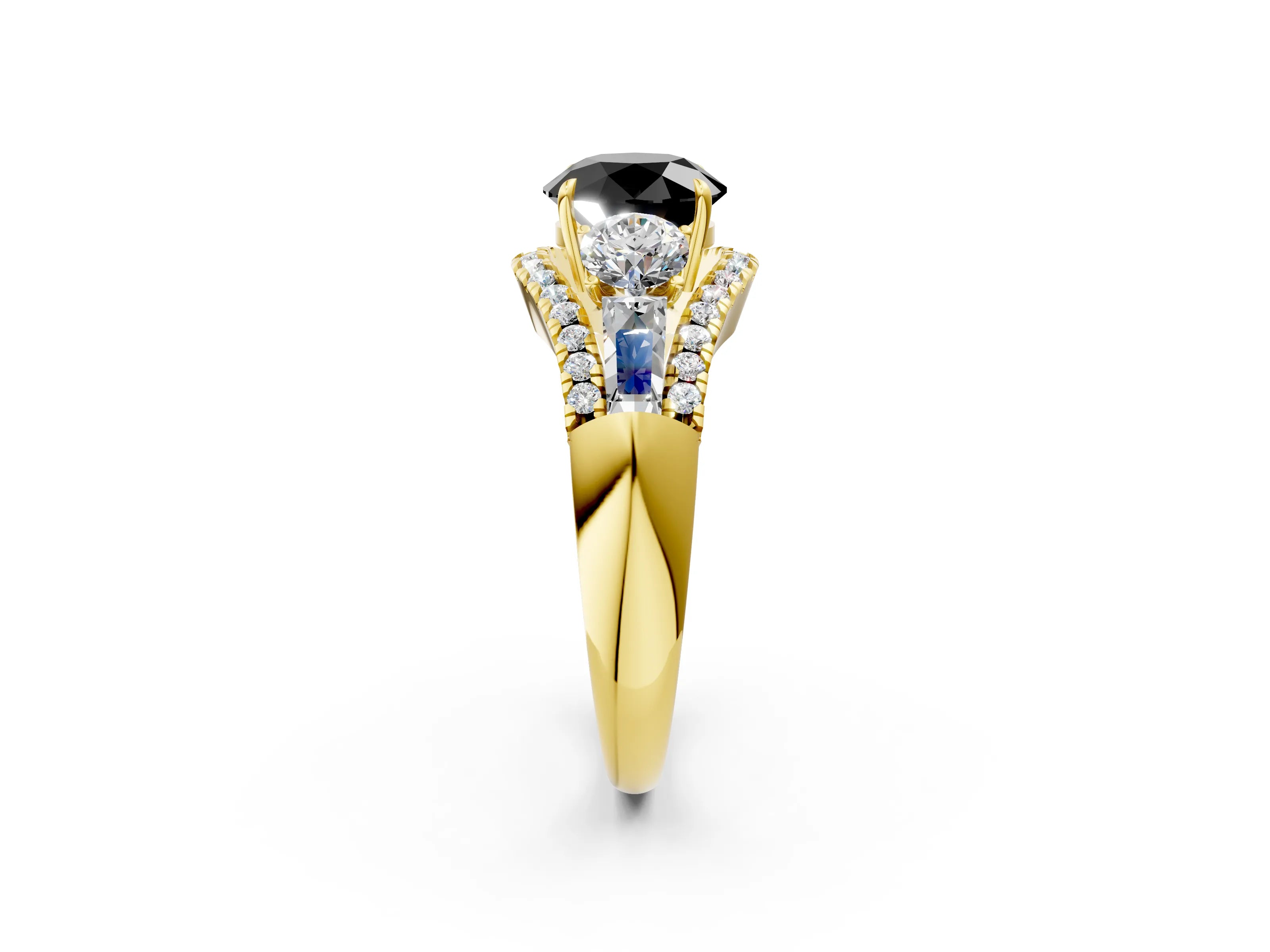 Yellow gold Three-Stone Fancy Black Round Cut Diamond Engagement Ring with Pave Band and Prong Setting_2