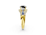 Yellow gold Three-Stone Fancy Black Round Cut Diamond Engagement Ring with Pave Band and Prong Setting_2