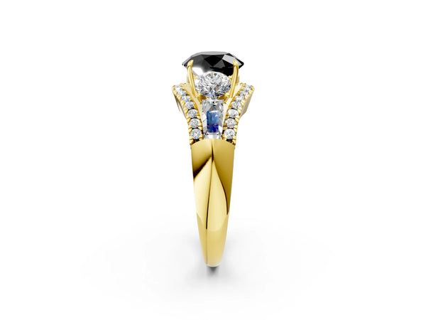 Yellow Gold Round Five Stone Baguette Engagement Ring Setting for Black Center
