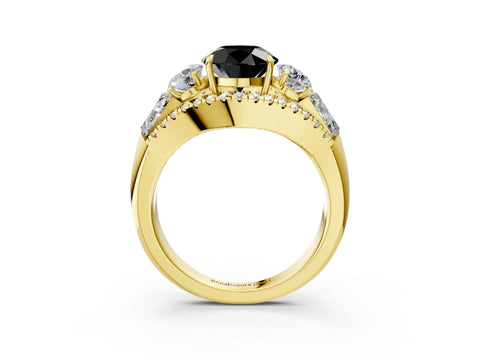 Yellow gold Three-Stone Fancy Black Round Cut Diamond Engagement Ring with Pave Band and Prong Setting_3