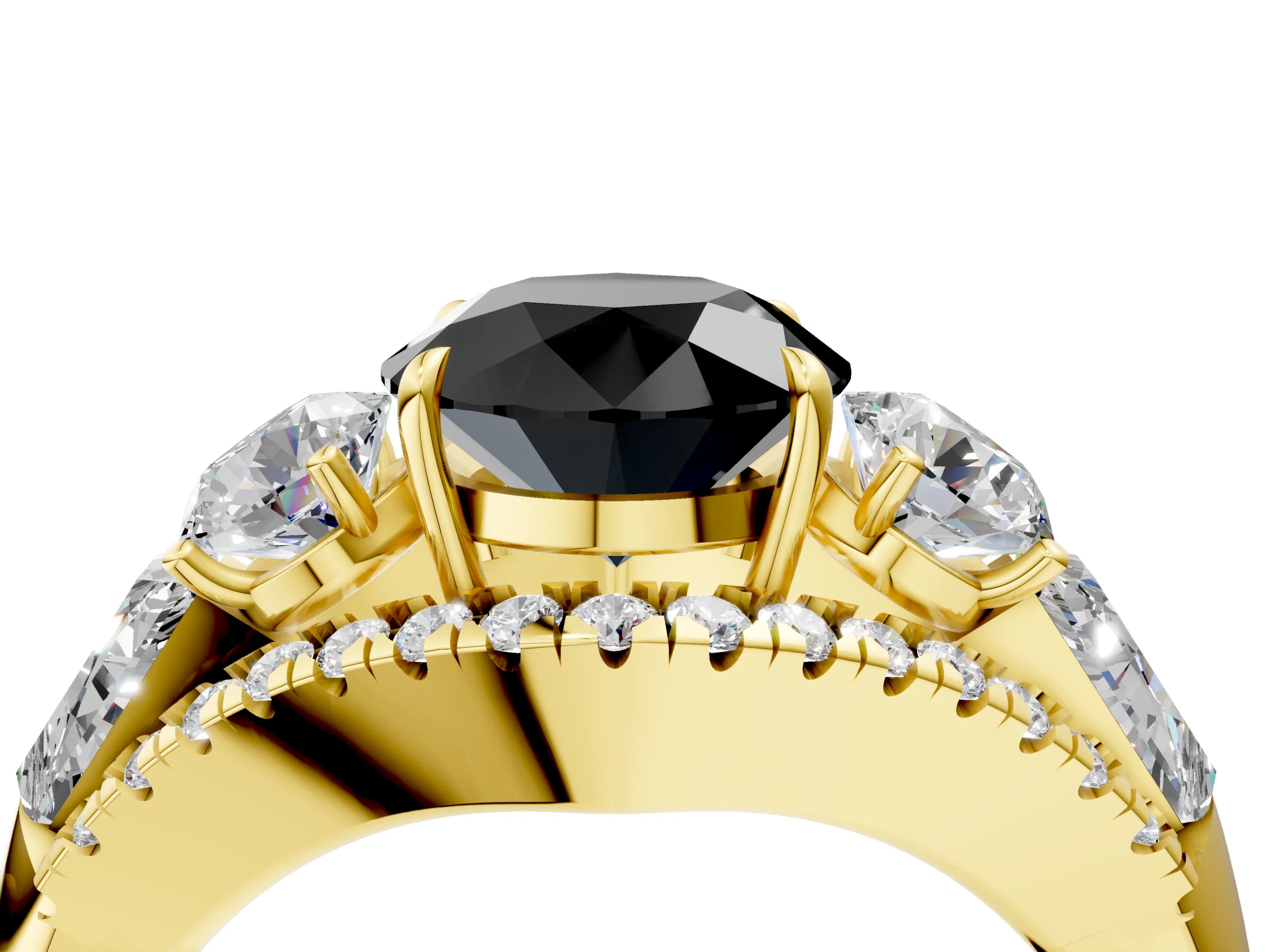 Yellow gold Three-Stone Fancy Black Round Cut Diamond Engagement Ring with Pave Band and Prong Setting_4