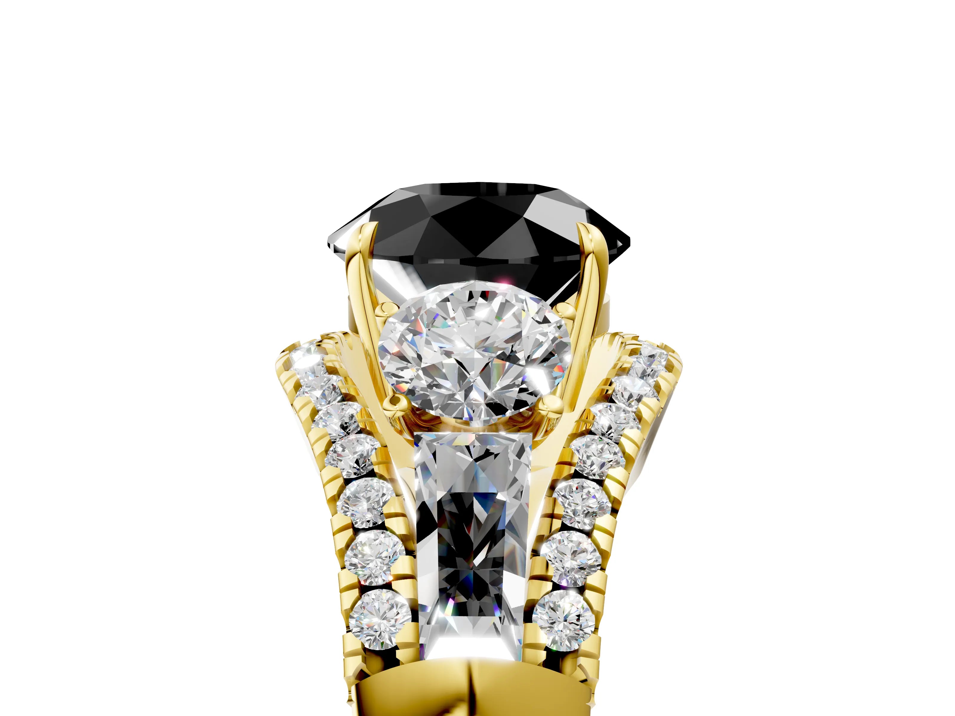 Yellow gold Three-Stone Fancy Black Round Cut Diamond Engagement Ring with Pave Band and Prong Setting_5