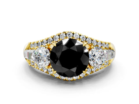 Yellow gold Three-Stone Fancy Black Round Cut Diamond Engagement Ring with Pave Band and Prong Setting