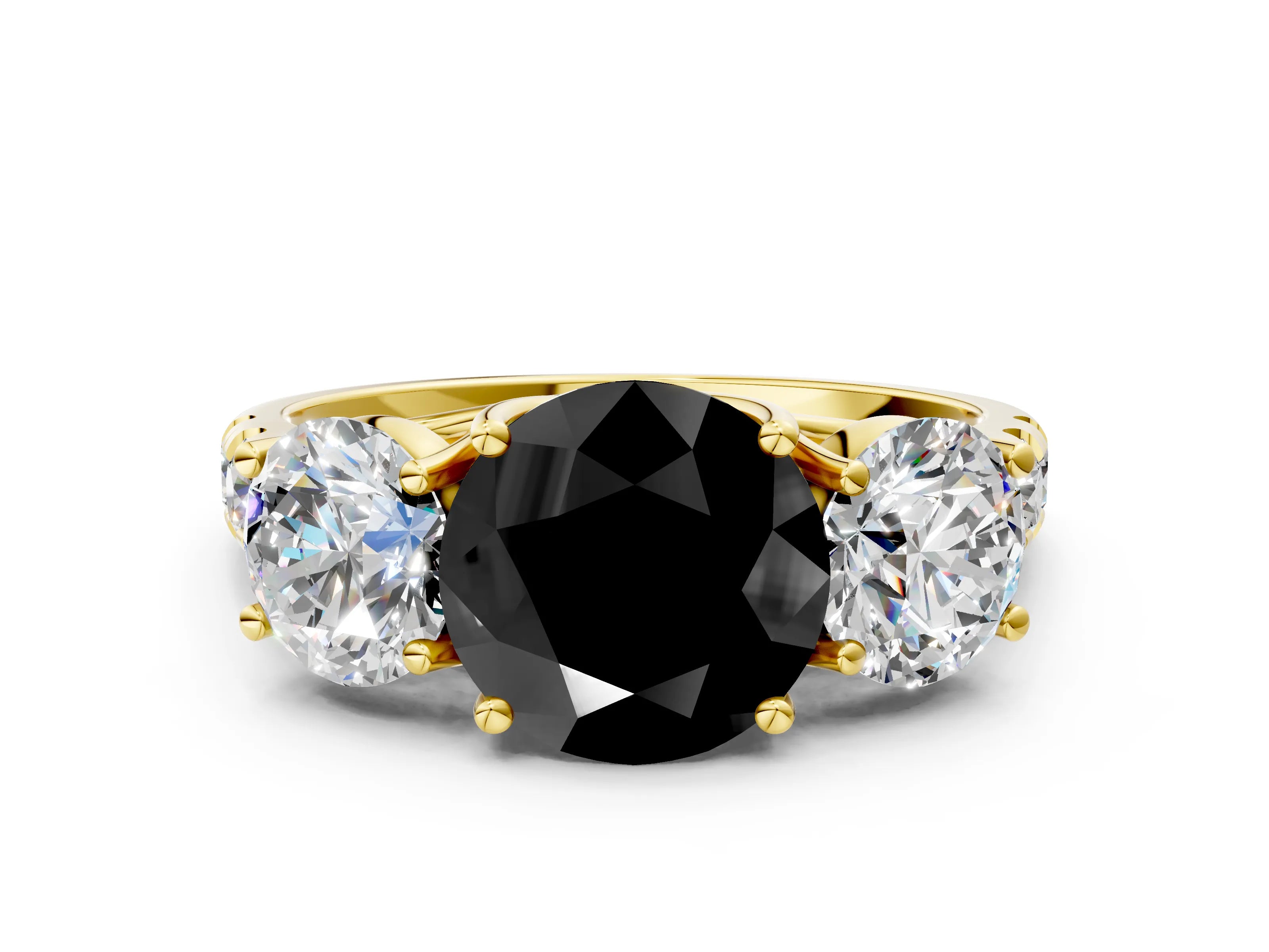 Yellow gold Three-Stone Fancy Black Round Cut Diamond Pavé Band with Prong Setting