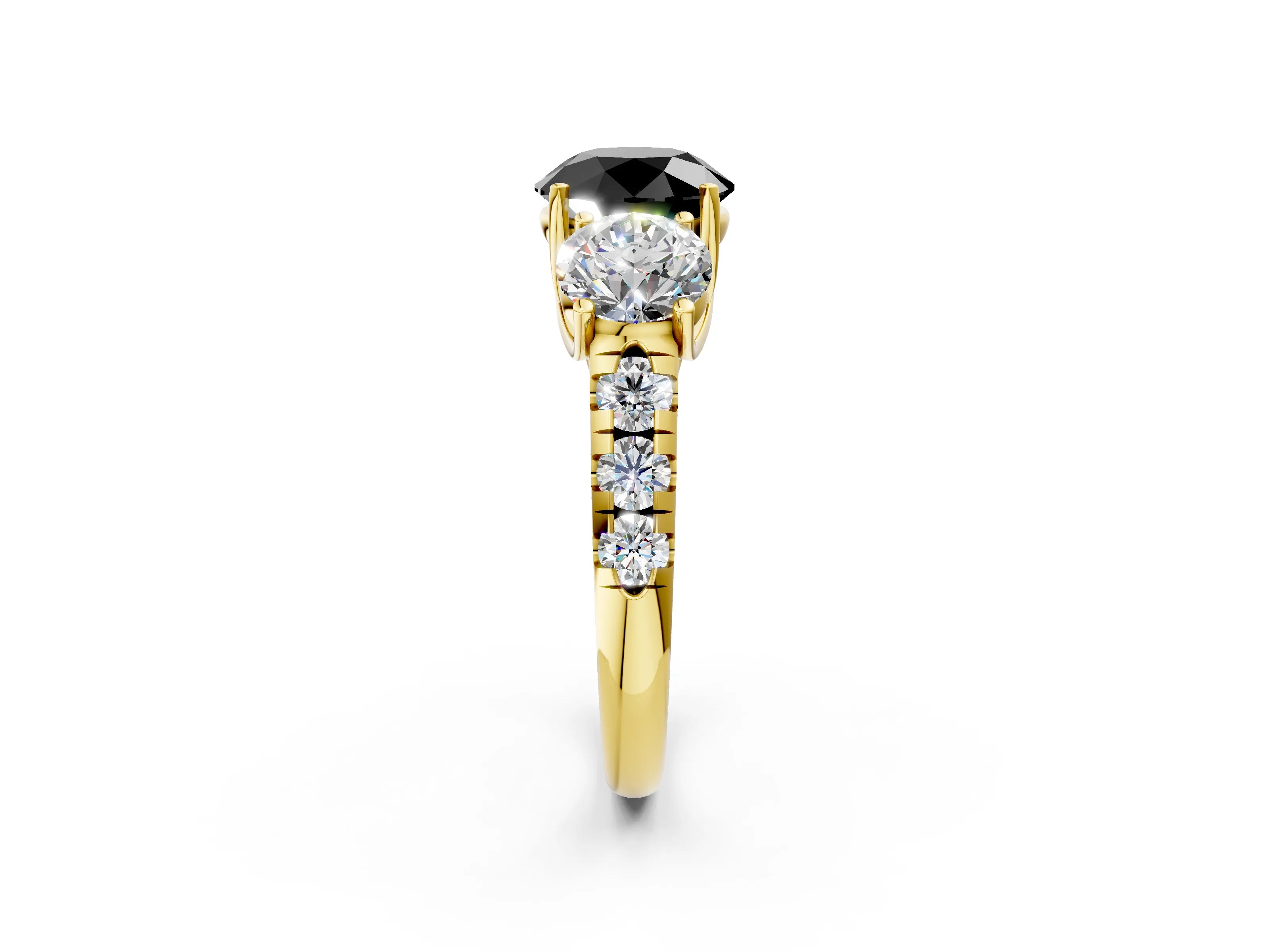 Yellow gold Three-Stone Fancy Black Round Cut Diamond Pavé Band with Prong Setting_2