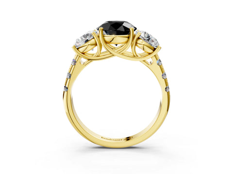 Yellow gold Three-Stone Fancy Black Round Cut Diamond Pavé Band with Prong Setting_3