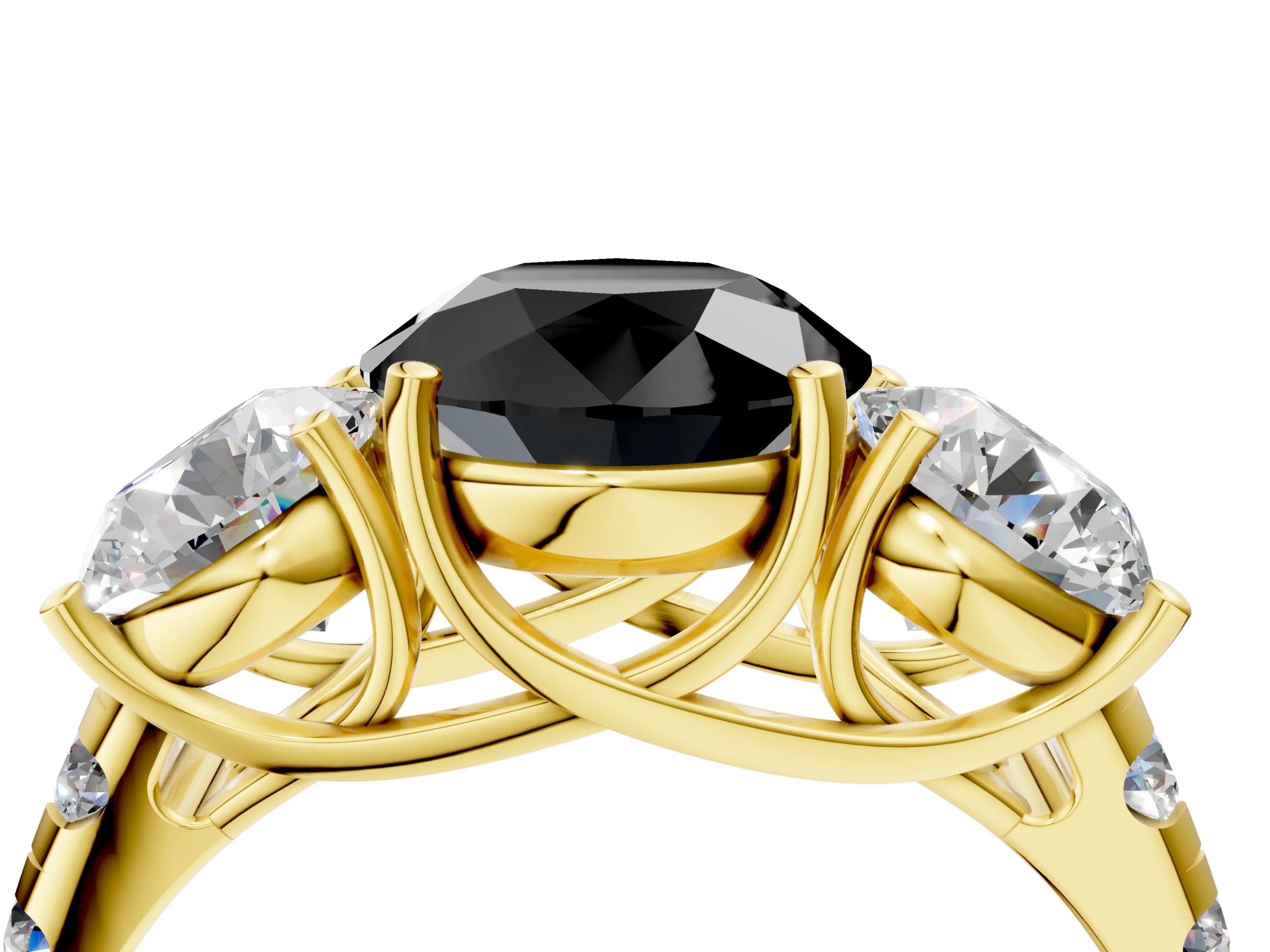 Yellow gold Three-Stone Fancy Black Round Cut Diamond Pavé Band with Prong Setting_4