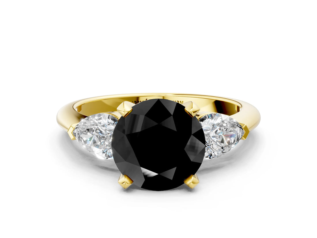 Yellow gold Three-Stone Fancy Black Round Cut Diamond Ring with Pear Side Stones and Four-Prong Setting
