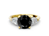Yellow gold Three-Stone Fancy Black Round Cut Diamond Ring with Pear Side Stones and Four-Prong Setting