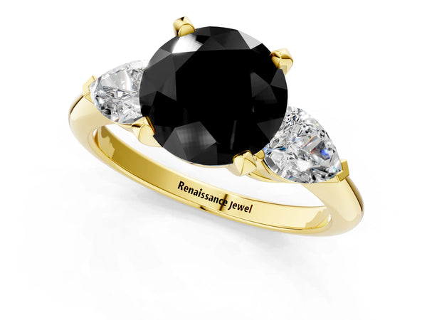 Yellow Gold Round Three Stone Engagement Ring Setting for Black Center with Large Pear Side Stones