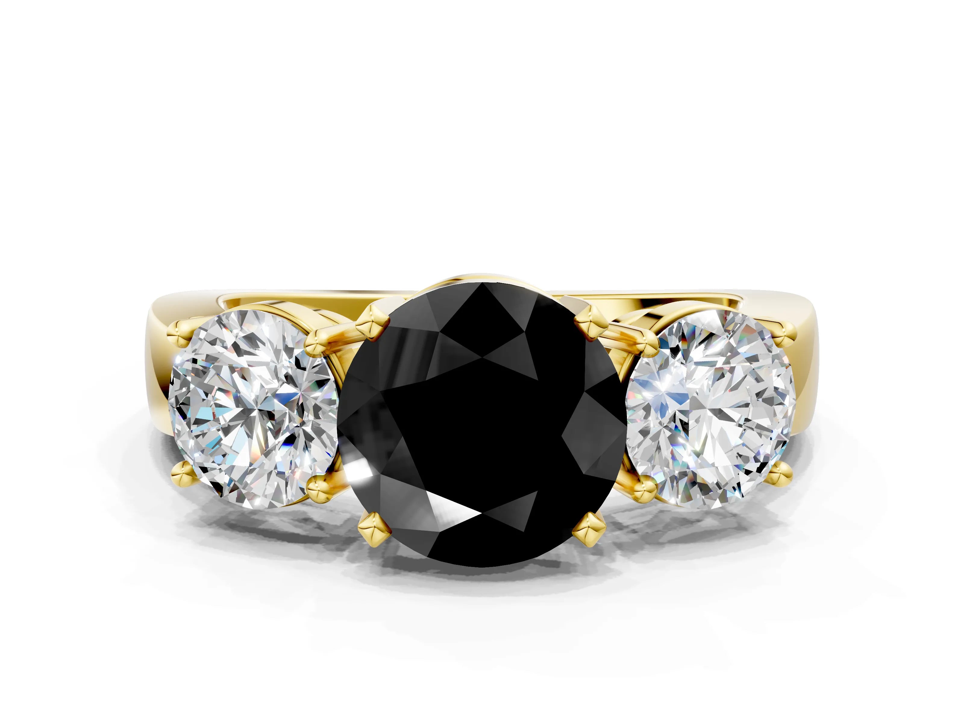 Yellow gold Three-Stone Fancy Black Round Cut Diamond Ring with Round Side Stones, Classic Band, and Four-Prong Setting