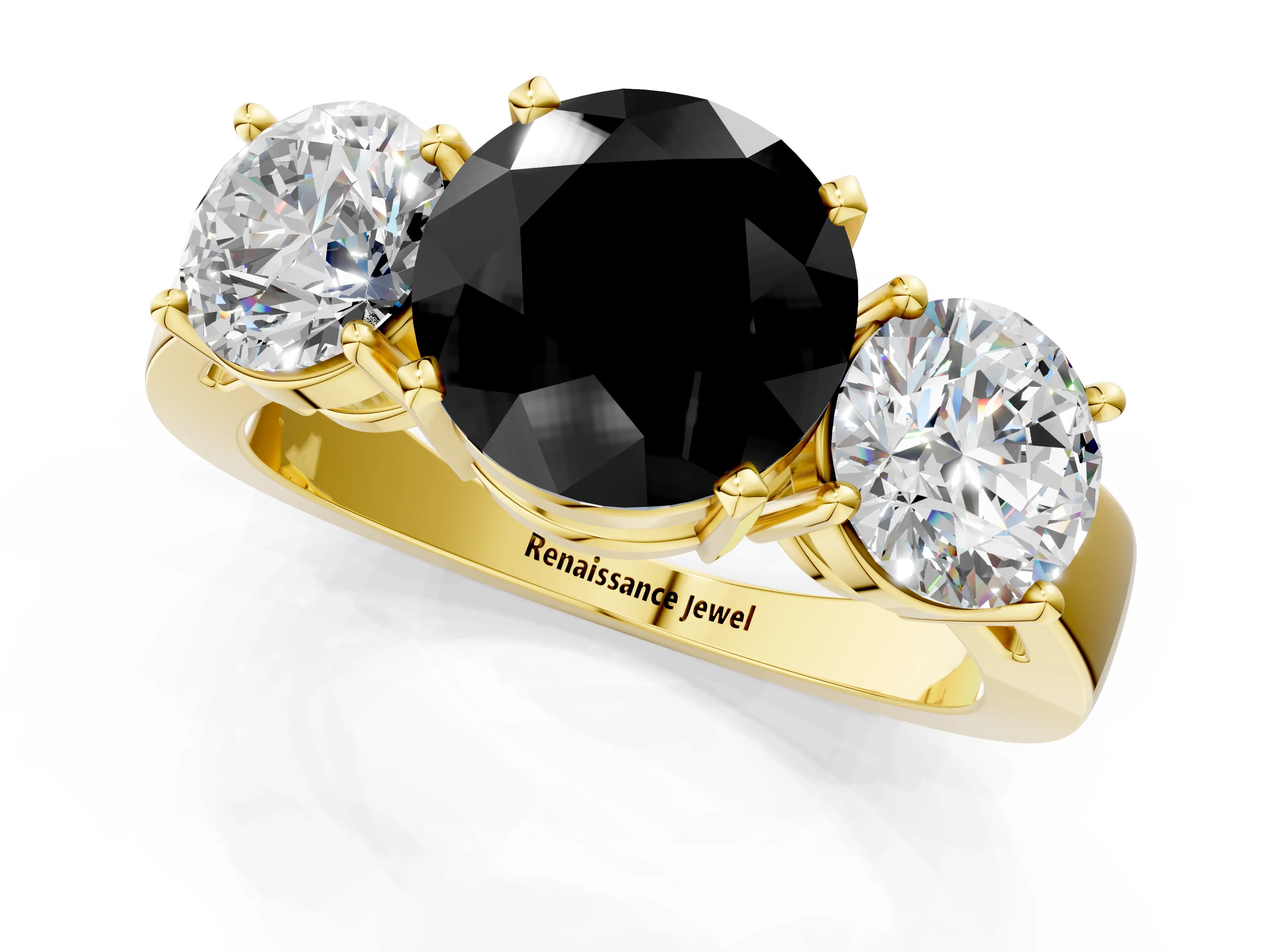 Yellow gold Three-Stone Fancy Black Round Cut Diamond Ring with Round Side Stones, Classic Band, and Four-Prong Setting_1