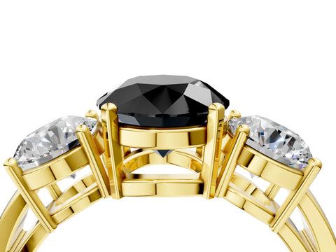 Yellow gold Three-Stone Fancy Black Round Cut Diamond Ring with Round Side Stones, Classic Band, and Four-Prong Setting_4