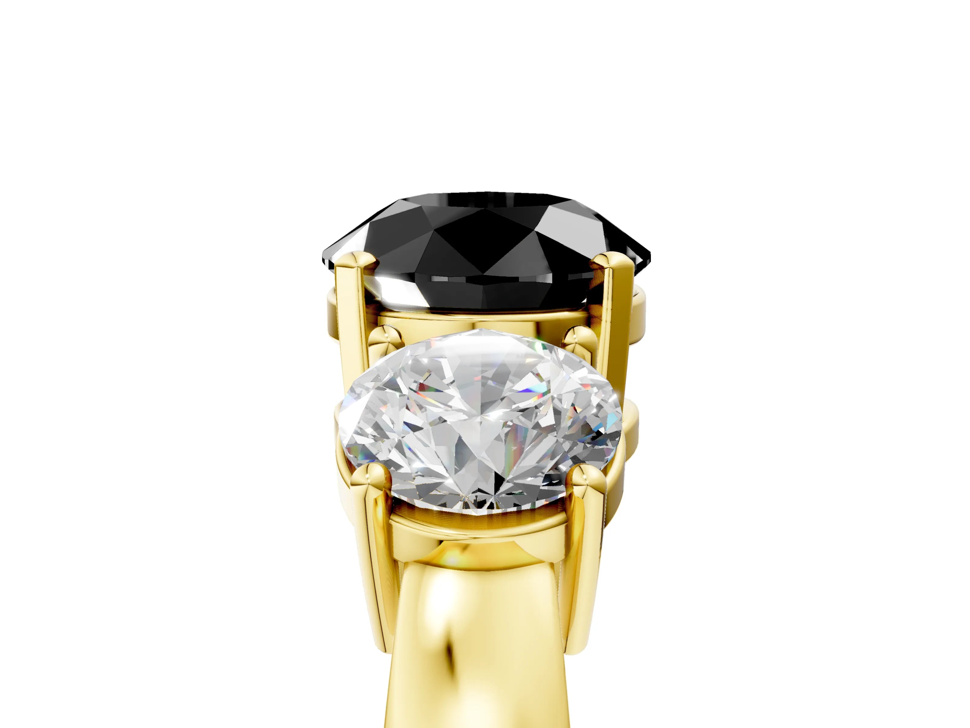Yellow gold Three-Stone Fancy Black Round Cut Diamond Ring with Round Side Stones, Classic Band, and Four-Prong Setting_5