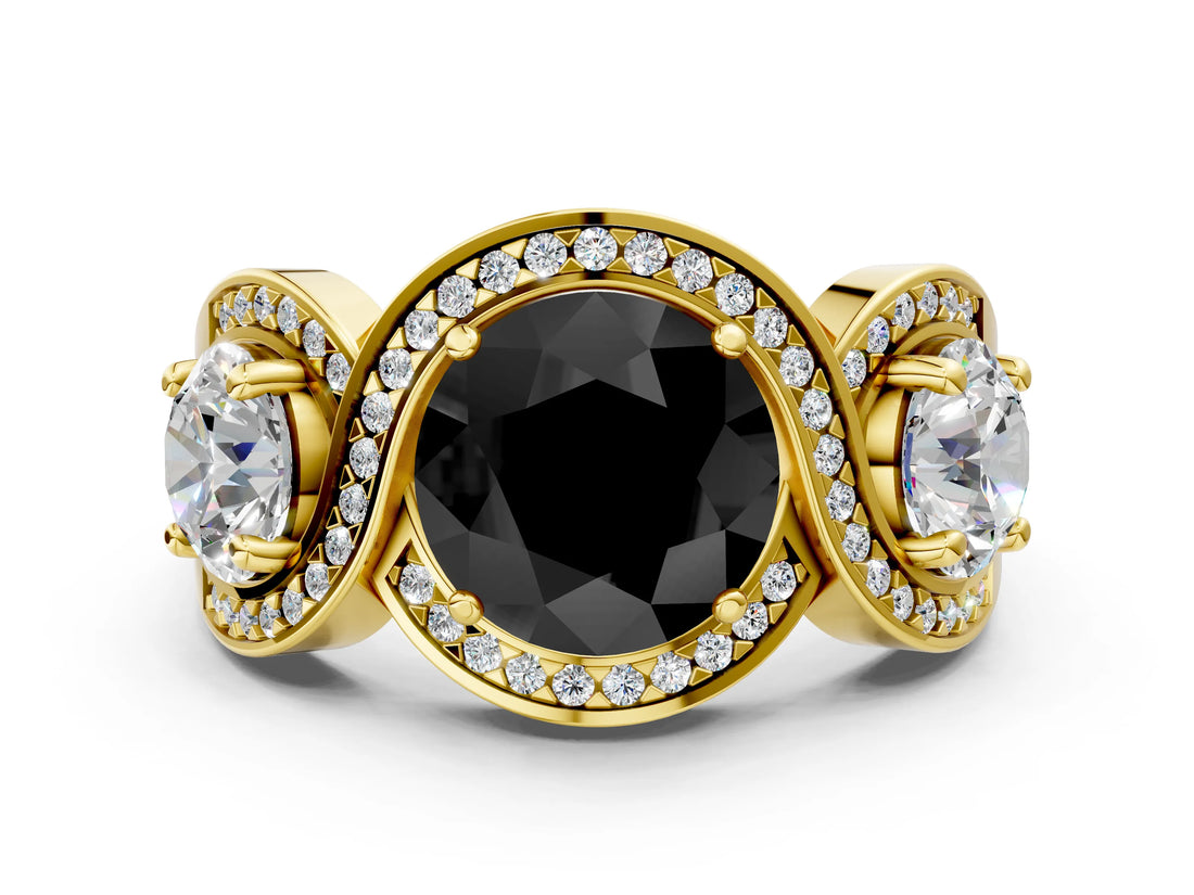 Yellow gold Three-Stone Fancy Black Round Cut Diamond Wave Pave Band with Prong Setting