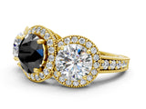 Yellow gold Three-Stone Fancy Black Round Cut Halo Diamond Milgrain Band with Four-Prong Setting