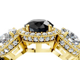 Yellow gold Three-Stone Fancy Black Round Cut Halo Diamond Milgrain Band with Four-Prong Setting_4