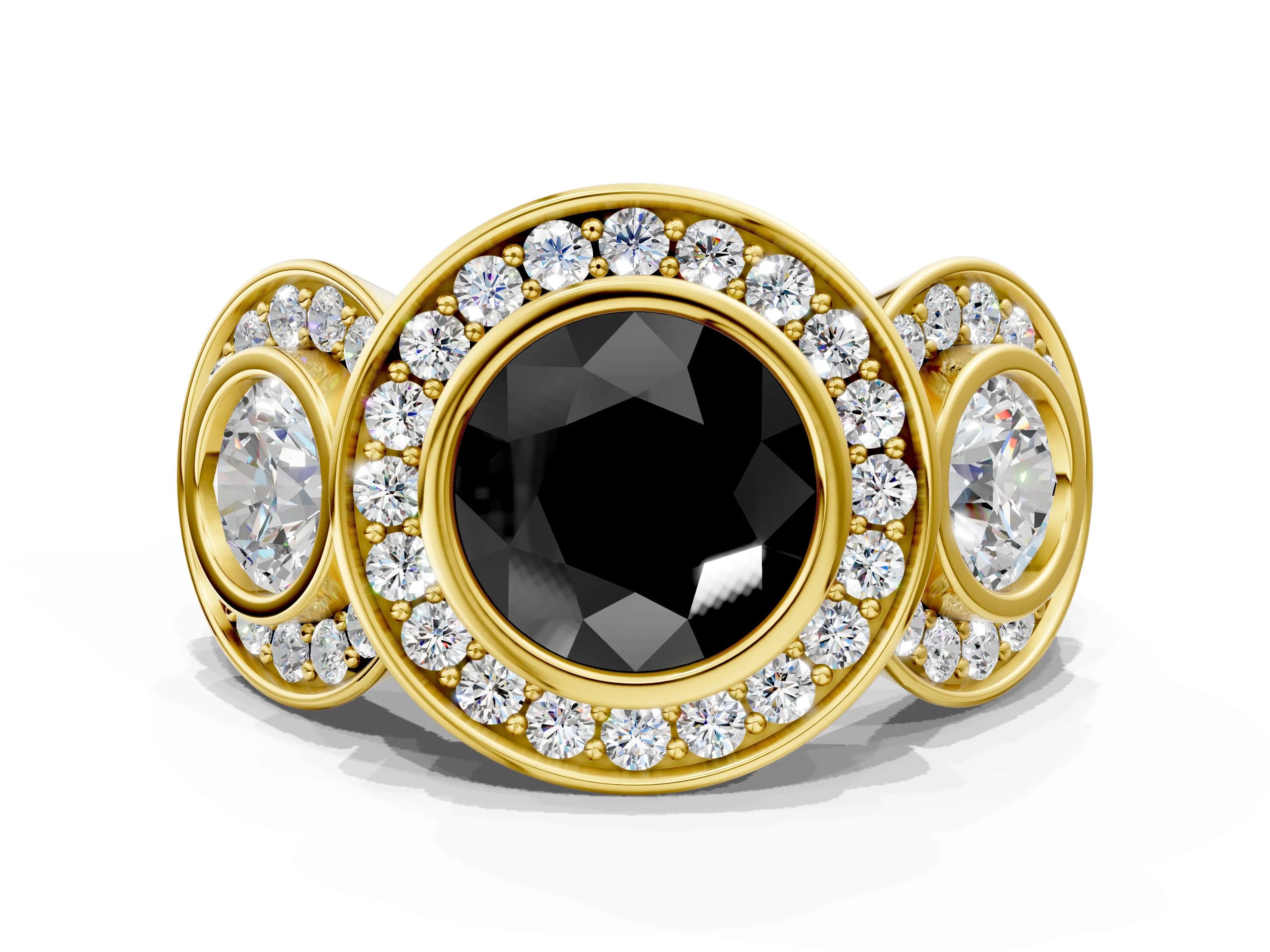 Yellow gold Three-Stone Fancy Black Round Cut Halo Pavé Diamond Ring