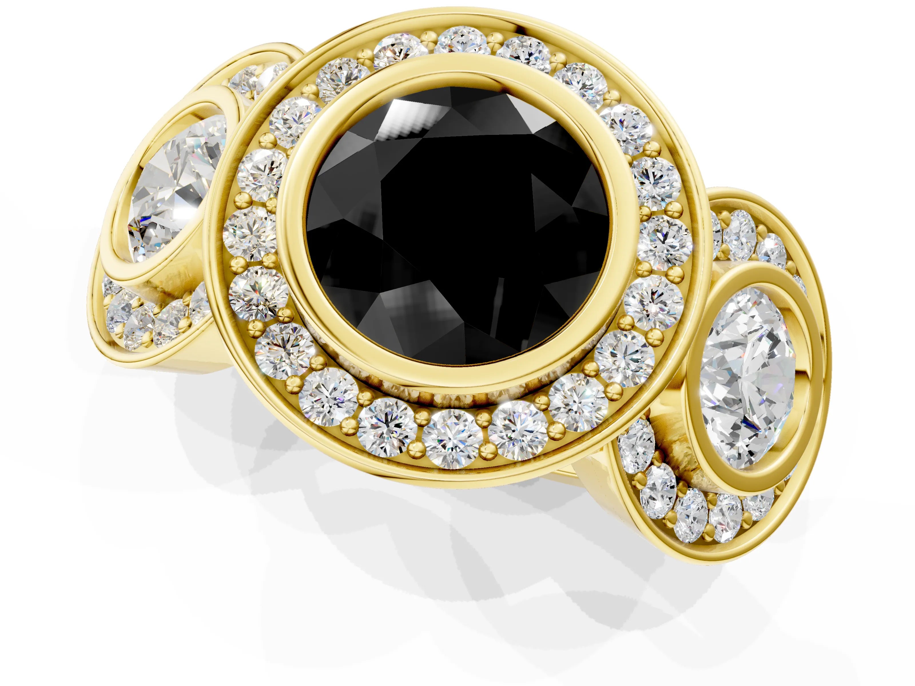 Yellow gold Three-Stone Fancy Black Round Cut Halo Pavé Diamond Ring_1