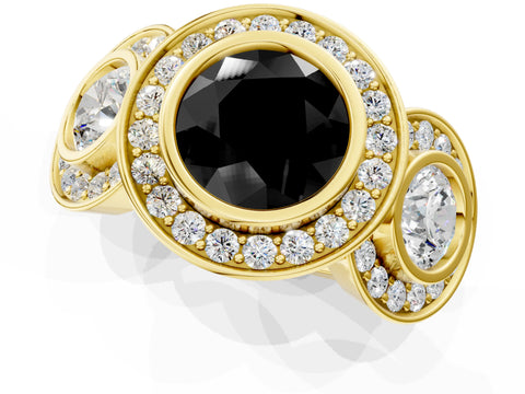 Yellow gold Three-Stone Fancy Black Round Cut Halo Pavé Diamond Ring_1