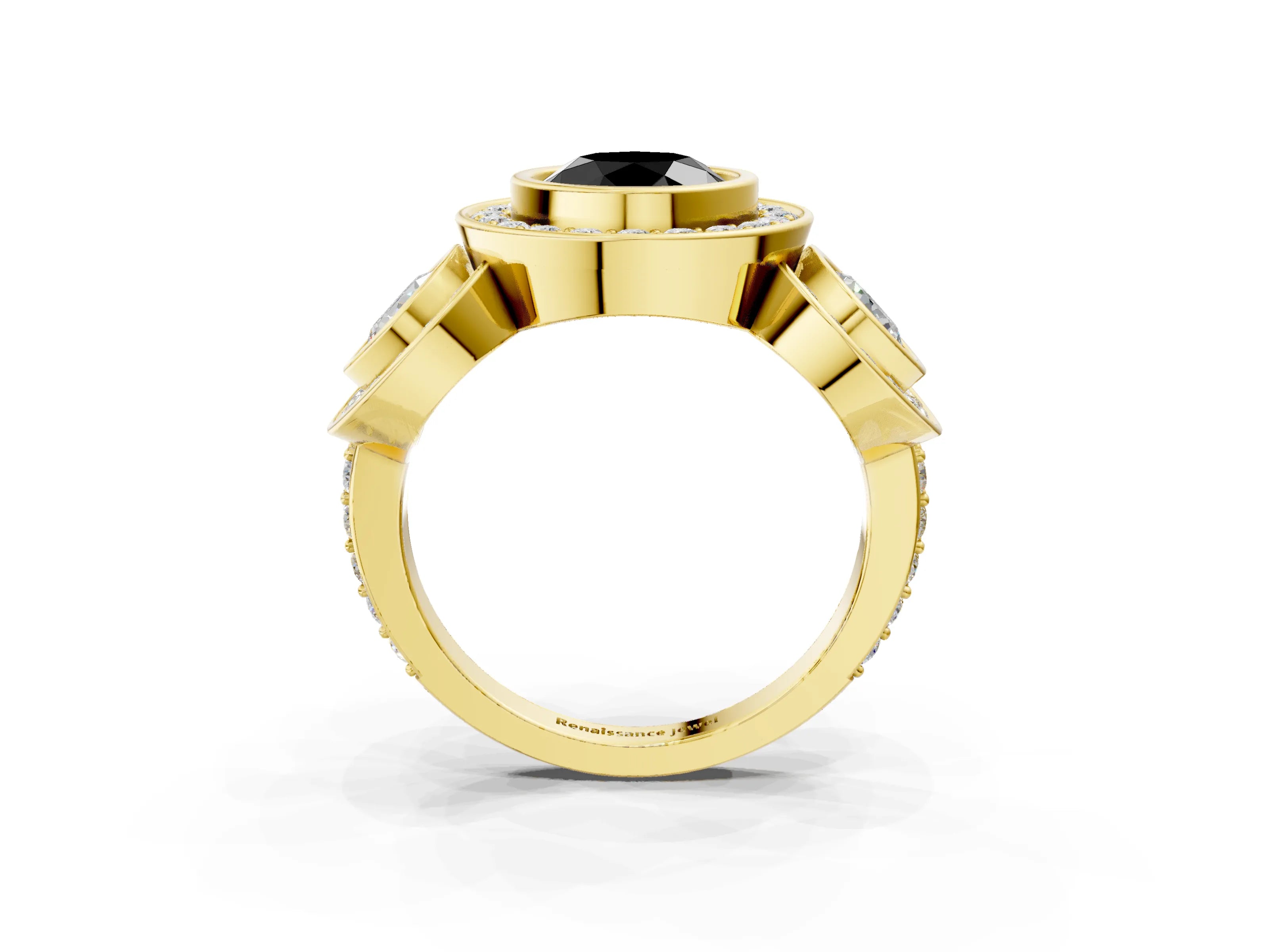 Yellow gold Three-Stone Fancy Black Round Cut Halo Pavé Diamond Ring_3