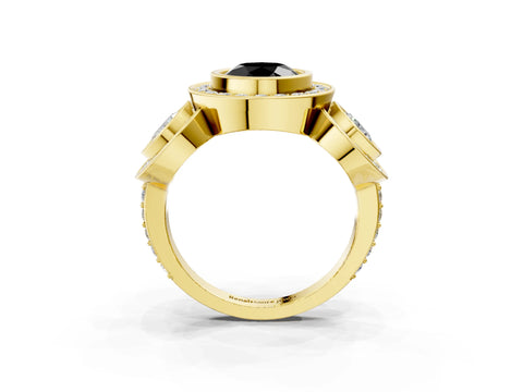 Yellow gold Three-Stone Fancy Black Round Cut Halo Pavé Diamond Ring_3