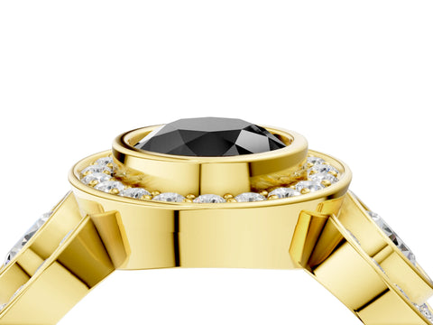 Yellow gold Three-Stone Fancy Black Round Cut Halo Pavé Diamond Ring_4