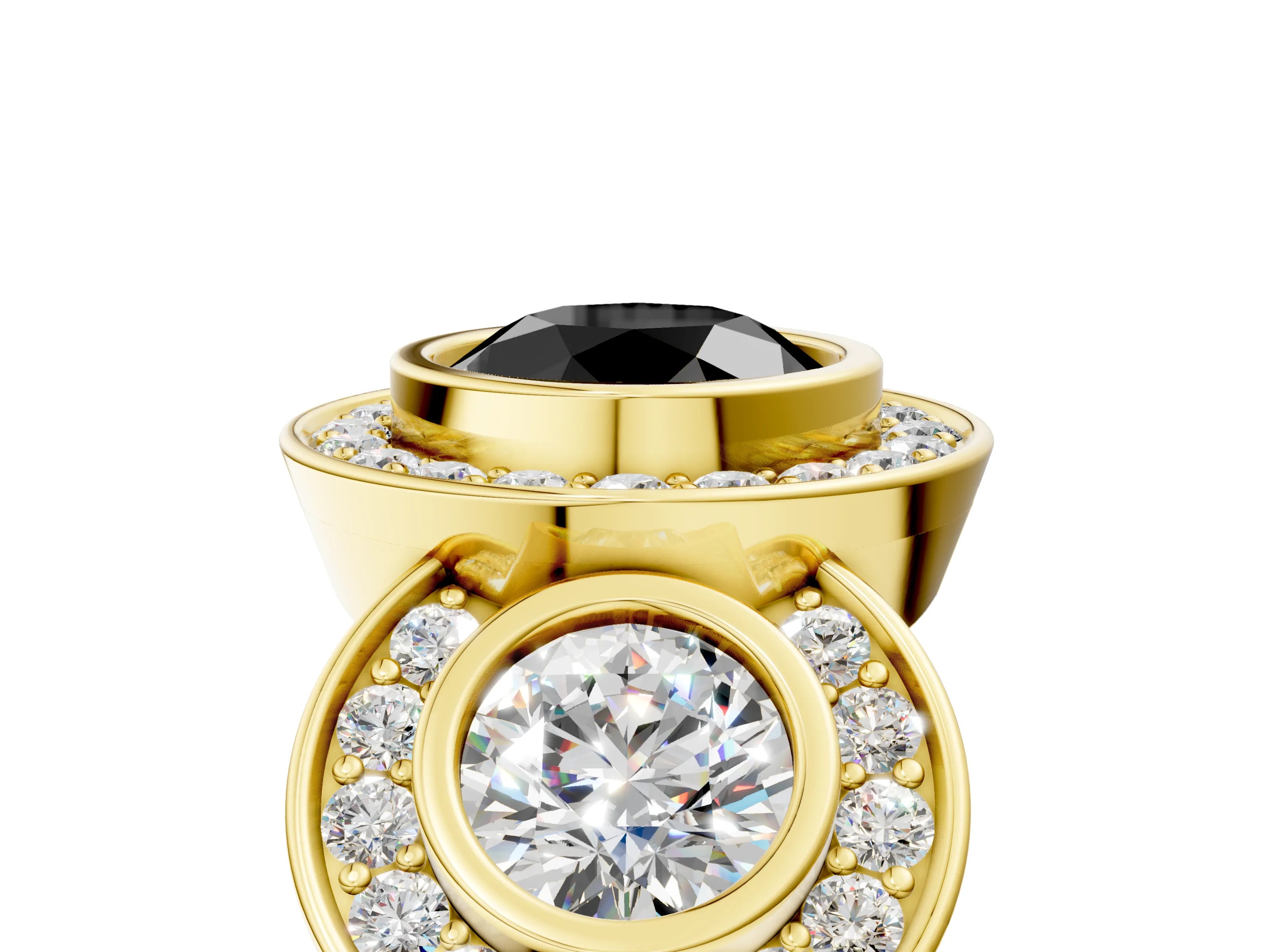 Yellow gold Three-Stone Fancy Black Round Cut Halo Pavé Diamond Ring_5
