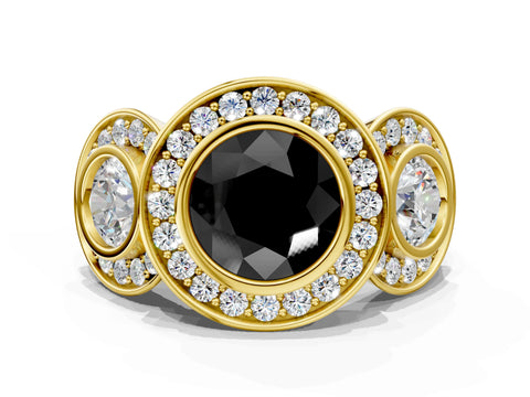 Yellow gold Three-Stone Fancy Black Round Cut Halo Pavé Diamond Ring