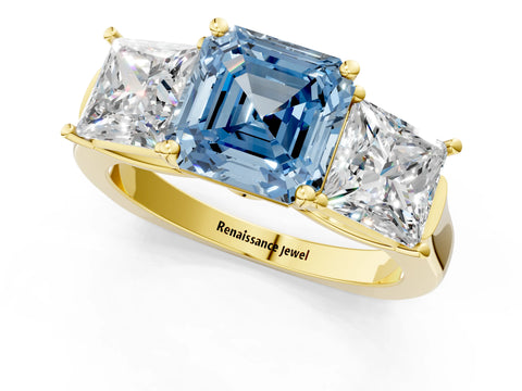 Yellow gold Three-Stone Fancy Blue Asscher Cut Brilliant Diamond Trellis Ring with Comfort Fit Band_1