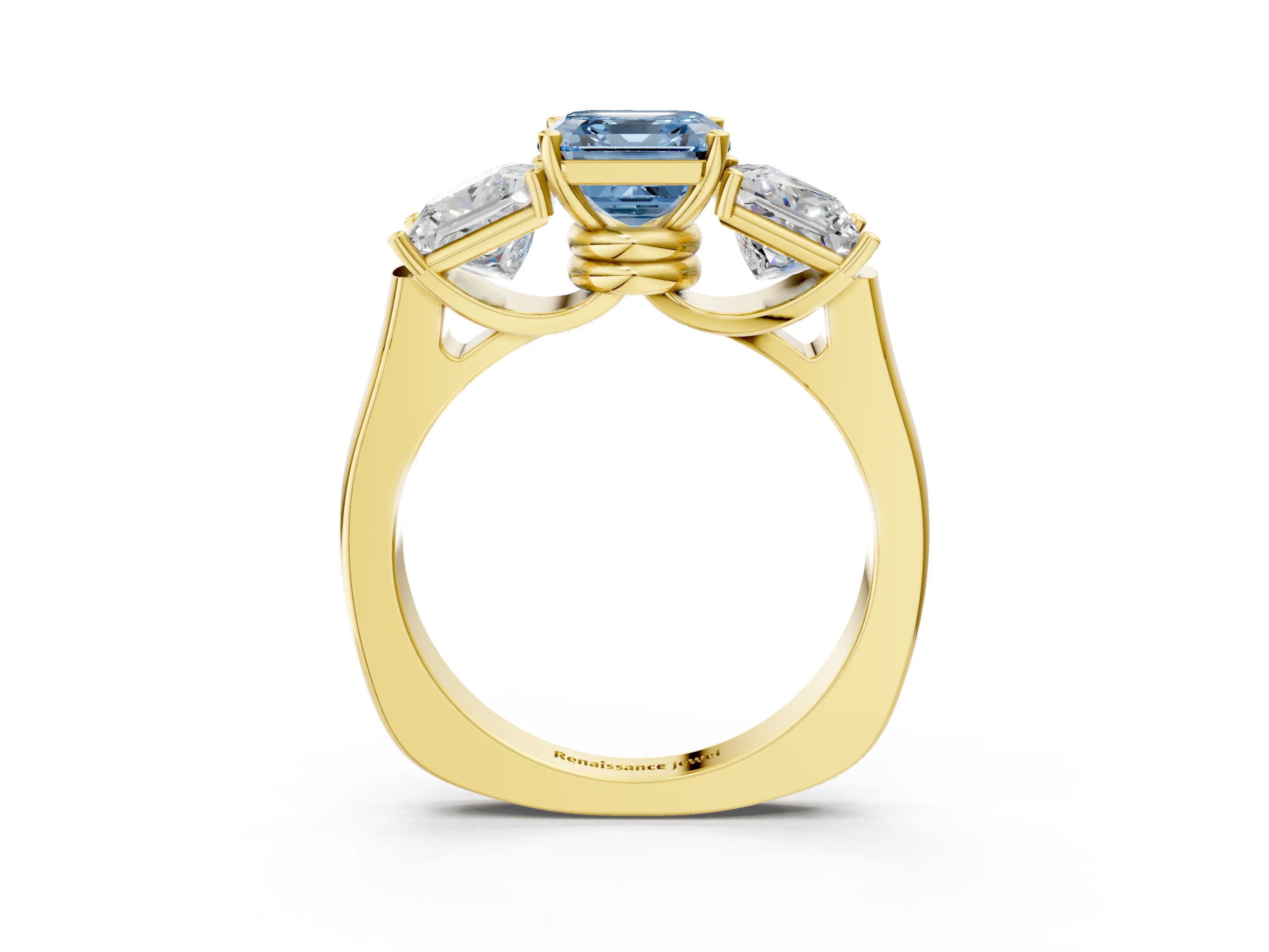 Yellow gold Three-Stone Fancy Blue Asscher Cut Brilliant Diamond Trellis Ring with Comfort Fit Band_3