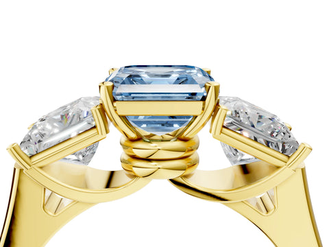 Yellow gold Three-Stone Fancy Blue Asscher Cut Brilliant Diamond Trellis Ring with Comfort Fit Band_4