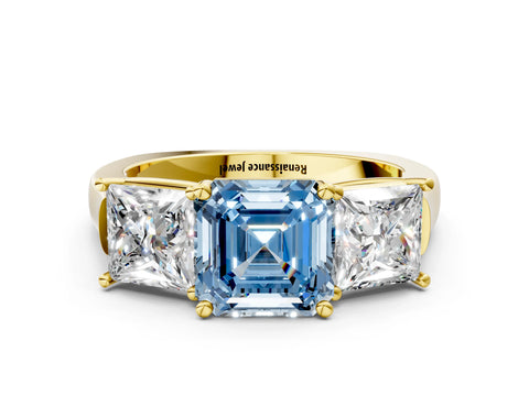 Yellow gold Three-Stone Fancy Blue Asscher Cut Brilliant Diamond Trellis Ring with Comfort Fit Band