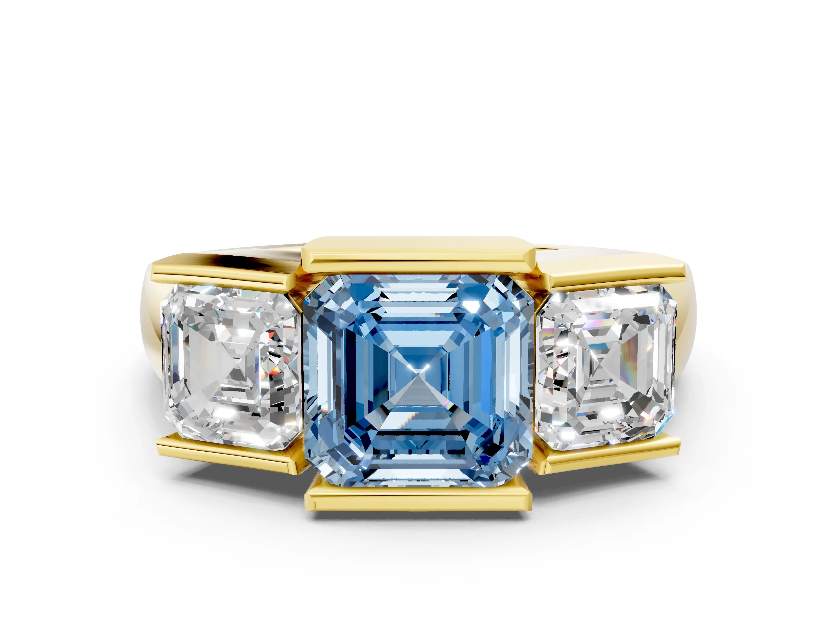 Yellow gold Three Stone Fancy Blue Asscher Cut Cut Channel Set Diamond Ring