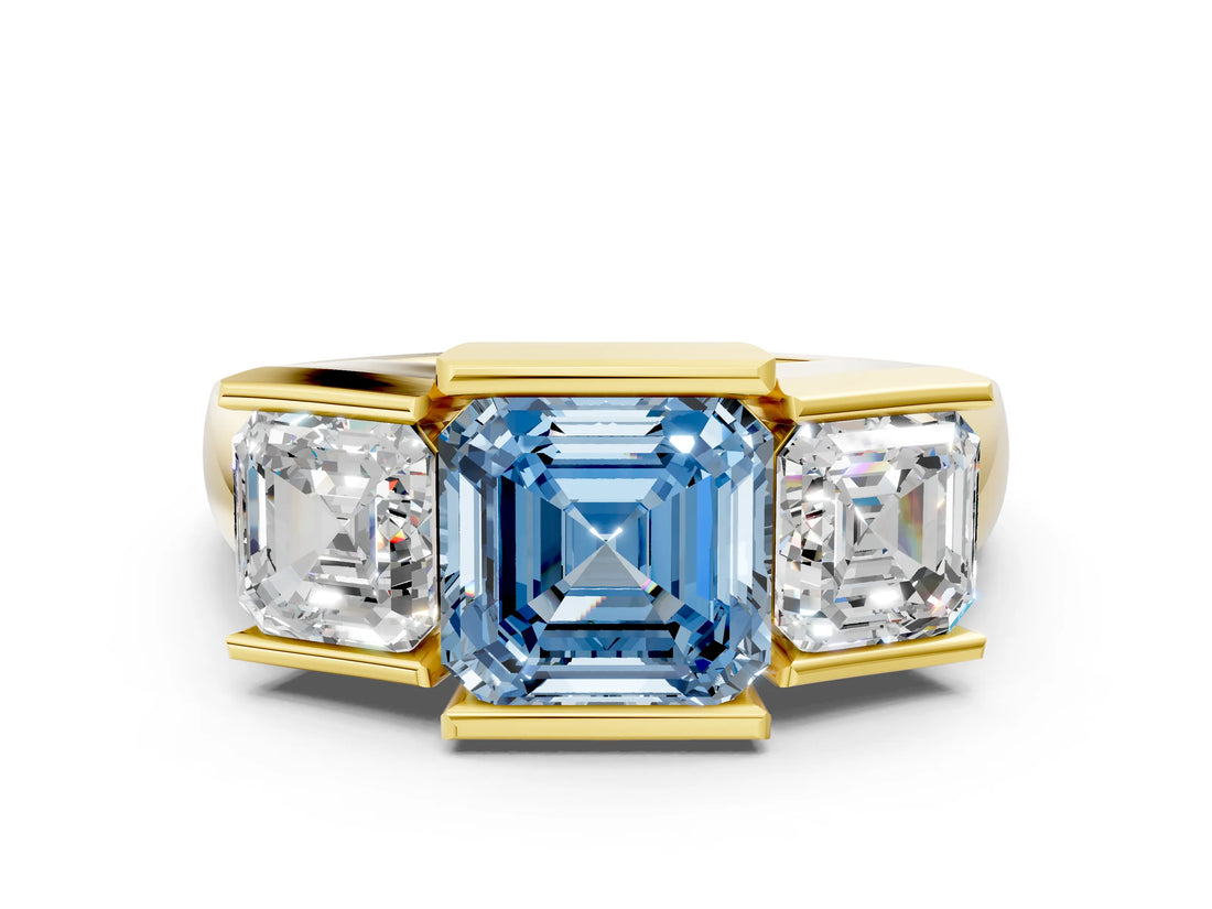Yellow gold Three Stone Fancy Blue Asscher Cut Cut Channel Set Diamond Ring